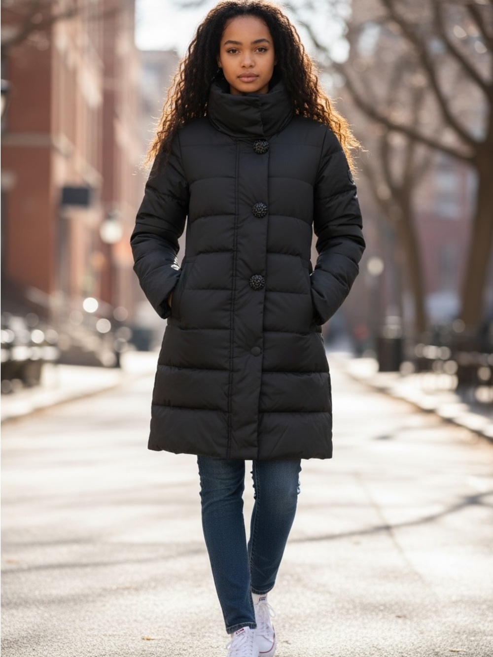 Kate Spade Elegant Jewel Button Black Puffer Coat w/Bow on Back (Like New)